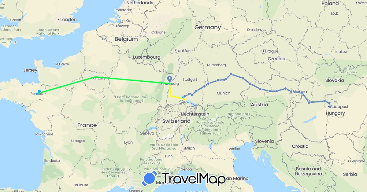 TravelMap itinerary: driving, cycling, velo, train, bus in Austria, Germany, France, Hungary, Slovakia (Europe)