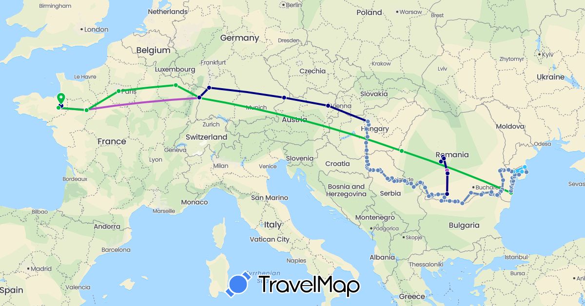 TravelMap itinerary: driving, bus, cycling, train, boat in Austria, Bulgaria, Germany, France, Croatia, Hungary, Romania, Serbia (Europe)