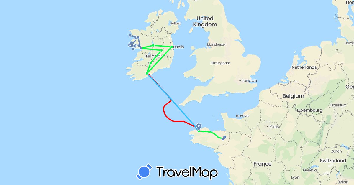 TravelMap itinerary: driving, cycling, boat, train, bateau in France, Ireland (Europe)