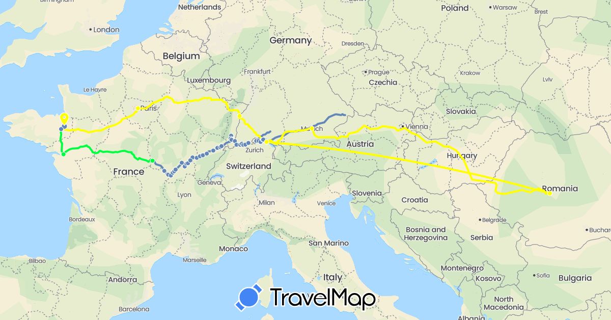 TravelMap itinerary: driving, cycling, train, bus in Switzerland, Germany, France, Romania (Europe)